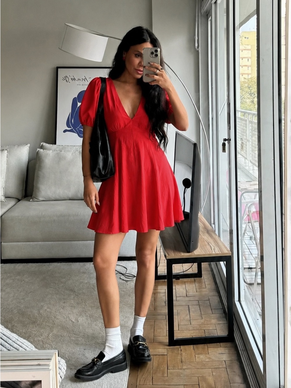 Zara Red Linen Blend Puff Sleeve Mini Dress XS Deep V Neck Fit & Flare